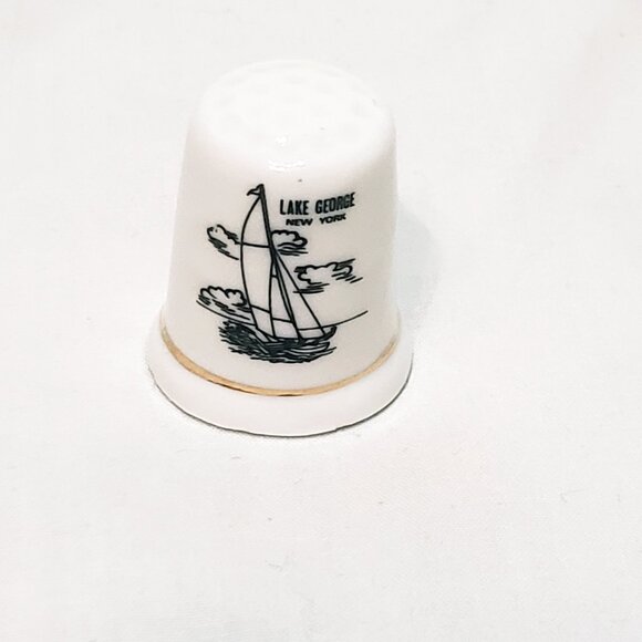 Lake George New York Sailboat Thimble Souvenir Porcelain Vintage 1" White Black - Picture 1 of 10
